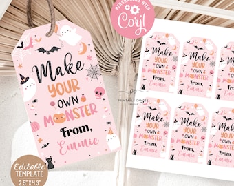 Editable Make You Own Monster Bag Favor Pink Halloween Treat Bag Girl Halloween Birthday Favors Classroom Party Favor Printable Template
