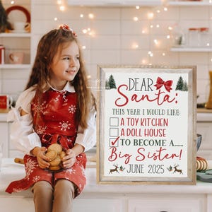 Anuncio de embarazo navideño con lazo minimalista, carta para Papá Noel, hermana mayor, pizarra, letrero imprimible digital