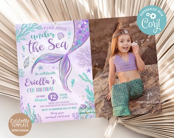 May include: A mermaid-themed birthday party invitation with the text "Please join us under the Sea" and a photo of a girl in a mermaid costume. The invitation includes details like the date, time, and location.