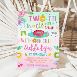 TWOtti Frutti 2nd Birthday Invitation Twotti fruity Pool Party Invite Template Tropical Summer Fruit Party Editable TFPT