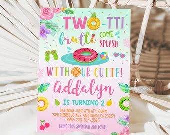 TWOtti Frutti 2nd Birthday Invitation Twotti fruity Pool Party Invite Template Tropical Summer Fruit Party Editable TFPT