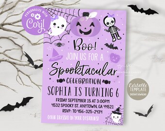 Halloween Birthday Invitation Costume Party Girl Invite Theme Purple Spooktacular No Photo Instant Download Editable File Printable