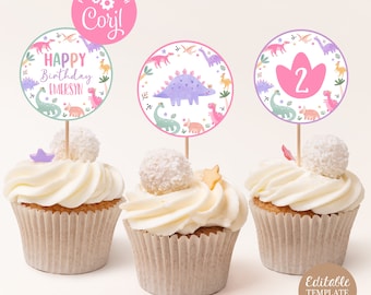 Pastel Dinosaur Cupcake Toppers Girl Dino Birthday Party Decor Cupcakes Labels Editable Template Cute Dino Pink Printable DG24