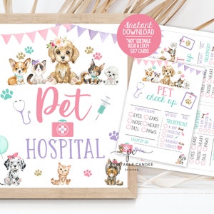 Pet Hospital Sign Dog Birthday Party Puppy Vet Check Up Game Decor Kitten Theme Girl Cat Activities Watercolor Printable Decor