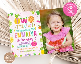 May include: A colorful invitation for a 2nd birthday party with a tropical fruit theme. The invitation features a photo of a young girl holding a watermelon slice. The text on the invitation reads "Two-tti Frutti Come Party With Our Cutie! Emmalyn is turning 2 Saturday August 15th 2:00 PM 2314 Apple Avenue, Lemon Grove, CA RSVP: To 321-875-3651".