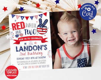 4th of July 2nd Birthday Invitation Red White and Two Patriotic Stars Stripes Editable Photo Template Download Printable