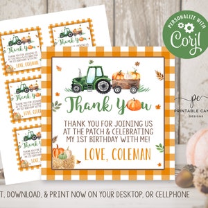 Pumpkin Favor Tags Editable Birthday Boy Favors Pumpkin Party Decor Fall Autumn Tractor Template
