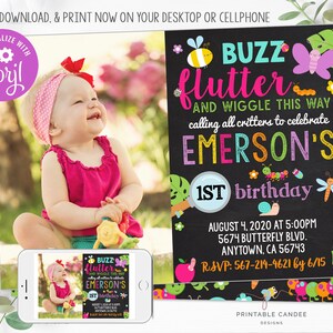 Bug Birthday Invitation Template Girl Insect Party Theme Butterfly Ladybug Chalk Invite Editable Printable Digital