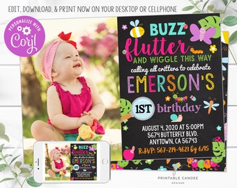 Bug Birthday Invitation Template Girl Insect Party Theme Butterfly Ladybug Chalk Invite Editable Printable Digital