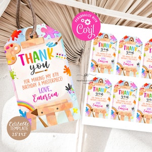 Art Birthday Favor Tags Editable Painting Party Decor Rainbow Artist Theme Brushes Easel Watercolor Digital Download Printable APG1