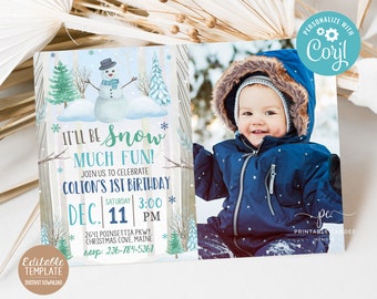 Editable Snowman Birthday Invitation Boy Winter Birthday Snow much fun Party Invite Blue Template Instant Download