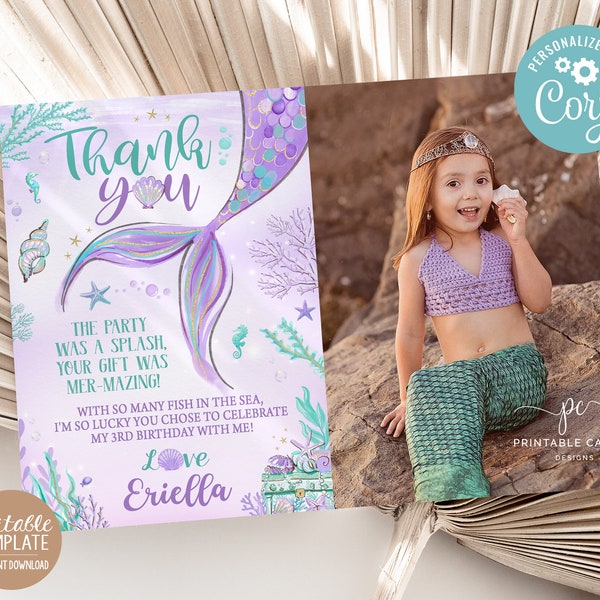 Editable Under the Sea Little Mermaid Birthday Thank you Purple Teal Gold Photo Template Printable Instant Download 35421