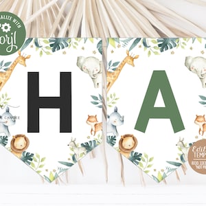 Editable Safari Birthday Banner Flags Wild One Birthday Boy Jungle Theme Animals Bunting Party Decor Printable Digital download