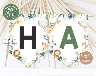 Editable Safari cumpleaños Banner banderas salvaje un cumpleaños niño selva tema animales Bunting fiesta decoración imprimible descarga digital
