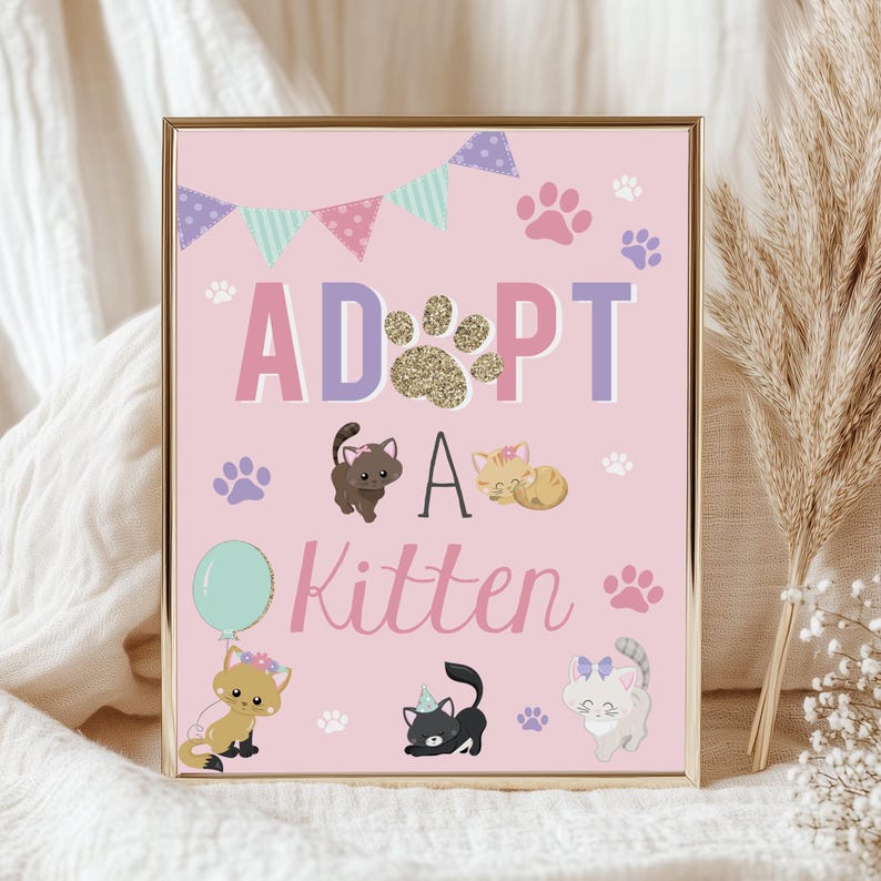 Kitten Party Adoption Sign with Certificates Pink Cat Activity Pawty Birthday Decor Printable PCDT image 3