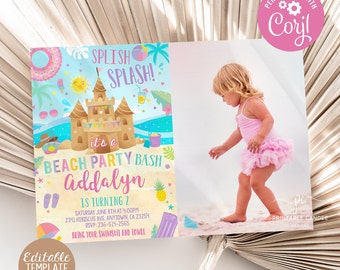 Beach Party Invitation Editable Girl Summer Birthday Invite Template Pineapple Icecream Theme Printable File PBPT