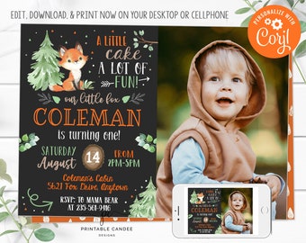 May include: A black chalkboard style invitation with a fox illustration and green foliage. The invitation reads "A little cake, a lot of fun! Our little fox Coleman is turning one! Saturday August 14 from 2PM-5PM. Coleman's Cabin 5621 Fox Drive, Anytown. RSVP: To Mama Bear at 235-561-9416."