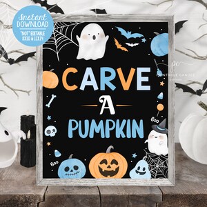 Halloween Pumpkin Carving Sign Blue Ghost Party Decor Boy Theme Birthday Spooky Party Game Instant Download Printable Digital