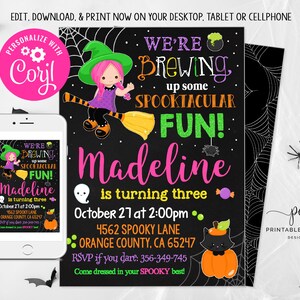 Halloween Witch Birthday Invitation Costume Party Girl Trick or Treat Theme Template Instant Download Editable File Printable image 1