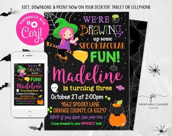 Halloween Witch Birthday Invitation Costume Party Girl Trick or Treat Theme Template Instant Download Edytowalny plik Do druku