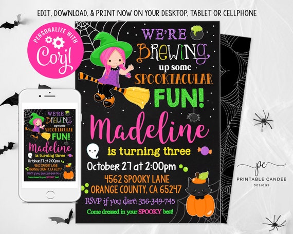 Halloween Witch Birthday Invitation Costume Party Girl Trick or Treat Theme Template Instant Download Editable File Printable