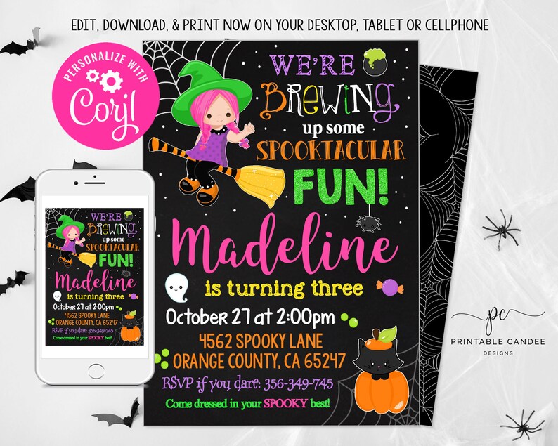 Halloween Witch Birthday Invitation Costume Party Girl Trick or Treat Theme Template Instant Download Editable File Printable image 1
