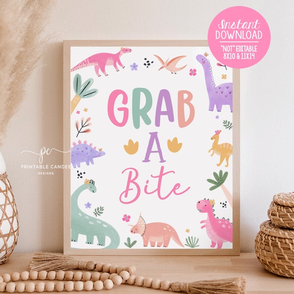 Pastel Dinosaur Food Sign Girl Dino Birthday Party Theme Grab a Bite Decor Table Signs Cute Dino Pink Favors Printable DG24