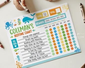 Kinderen blijven de hele nacht in bed Beloningstabelsjabloon Nachtelijke routine voor kinderen bewerkbare slaaptracker voor peuters Bedtijdlogboek voor peuters Zeedieren