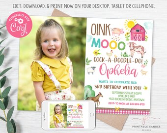 Mädchen auf dem Bauernhof Einladung Bauernhof Tiere Geburtstagsparty Rosa erster Geburtstag Gingham Sofort download Vorlage