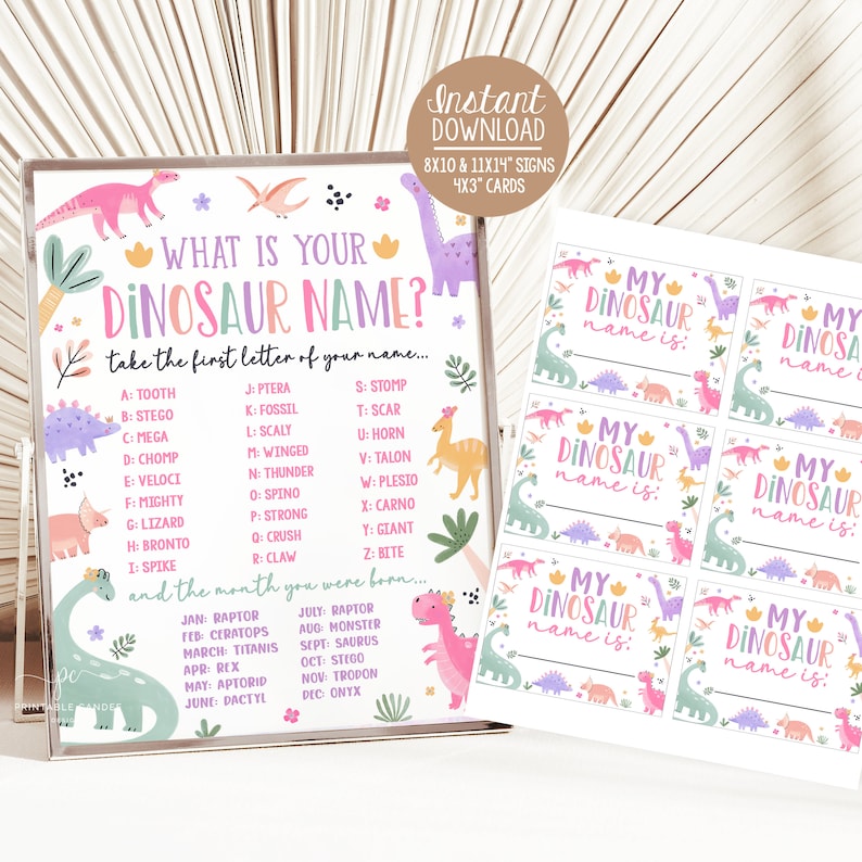 Puede incluir: Un juego de nombres de dinosaurios imprimible con un esquema de color rosa, verde y morado. El juego incluye una tabla con las letras del alfabeto y los nombres de dinosaurios correspondientes, y una tabla con los meses del a&ntilde;o y los nombres de dinosaurios correspondientes. El juego tambi&eacute;n incluye seis tarjetas imprimibles que dicen "Mi nombre de dinosaurio es:" con una ilustraci&oacute;n de dinosaurio en cada tarjeta.