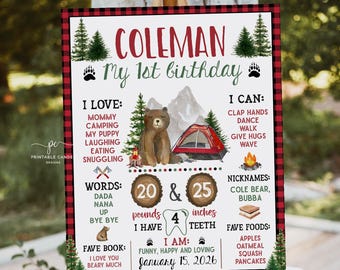 Plantilla de letrero con estadísticas para fiesta de camping, primer cumpleaños, decoración de hitos de oso leñador, imprimible, BRPC