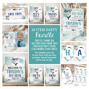 Shark Birthday Party Bundle Ocean Favors Signs Boy Decor Summer Sharks Theme Printable Package Templates SHB24