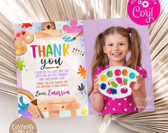 May include: A colorful thank you card with a rainbow, paintbrushes, and a paint palette. The card says "Thank you" in large letters and includes the text "I enjoyed the cake and the gifts too, but my favorite part was seeing you. Thank you for making my 8th birthday a masterpiece! Love, Emerson".