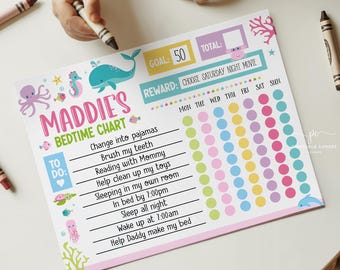 Kinderen blijven de hele nacht in bed Beloningstabelsjabloon Bewerkbare routine voor meisje 's nachts voor peuters Slaaptracker voor peuters Bedtijdlogboek voor peuters Zeedieren