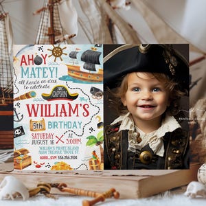 Bearbeitbare Pirat Geburtstagseinladung Ahoi Matey Theme Pirates Party Invite Fotovorlage PBMI