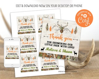 May include: Set of six printable thank you tags featuring a woodland theme with a deer, mountains, and camouflage pattern. The text reads "Thank you for showering our little deer with love! Melissa & Shawn".
