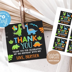 Editable Dinosaur Favor Tags Boy Dino Birthday Party Theme Favors Template Blue Chalk Dinos Instant Download Printable File