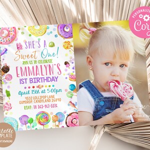 Candy 1st Birthday Invitation Lollipop Donut Sweet One Celebration Template Girl Sweet Shop Template Instant Download