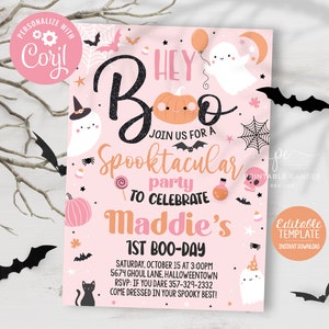 Halloween Różowy Duch Urodziny Zaproszenie Hey Boo Party Upiorna Impreza Dziewczęca Słodka Edytowalna Do Wydrukowania Pobierz
