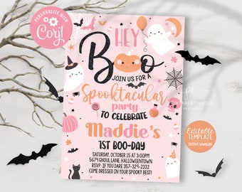 Halloween Pink Ghost Birthday Invitation Hey Boo Party Spooktacular Party Girly Cute Editable Printable Download