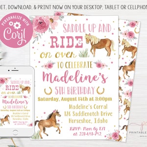 Girl Horse Birthday Invitation Party Invite Floral Pink Gold Pony Theme Editable Template Printable Instant Download
