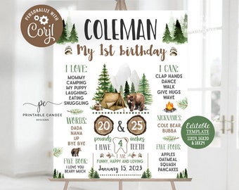 Bearbeitbares Camping erster Geburtstag Stats Zeichen Wald glücklicher Camper Tafel Meilenstein Poster Vorlage Bär Party Dekor Printable Ohpnt