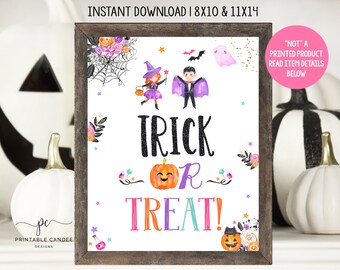 Halloween Trick or Treat Sign Costume Party Decor Girl Theme Pink Witch Vampire Instant Download Printable
