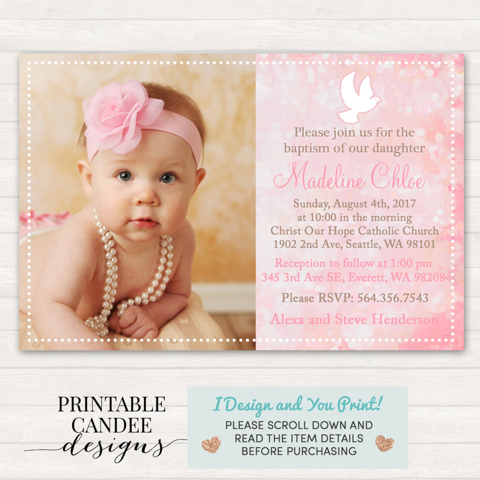 Pink Baptism Invitation Dove Christening Invite Girl Etsy