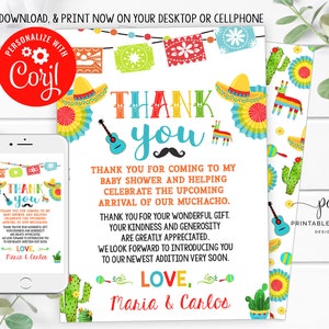 Fiesta Baby Shower Thank you Template Muchacho Boy Shower Mexican Cactus Printable File