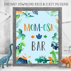 Dinosaurier Mom-osa Zeichen-Baby-Dusche Drink Station Blaue Dino Party Boy Thema Tisch Dekor Printable