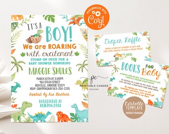 May include: It's a Boy! Baby shower invitation with a dinosaur theme. The invitation is decorated with green, blue, and orange dinosaurs and plants. The text reads "It's a Boy! We are ROARING with excitement. Stomp on over for a baby shower honoring Maggie Shules. March 10th at 3:00pm. 456 Stego Street. Rexville, Jurassic 53214. RSVP: Grammsasaur 563-256-2135. Hosted by his Aunties. Registered at Amazon.com."