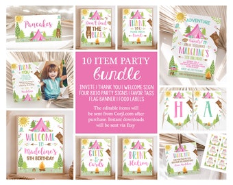 Editable Girl Camping Birthday Party Invitation Bundle Woodland Sleepover Party Decor Supplies Glamping Printable Package Template