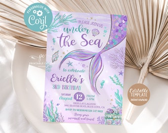 May include: Purple and teal mermaid-themed birthday party invitation with a mermaid tail, seashells, and the text "Please join us under the sea to celebrate Eriella's 3rd Birthday".
