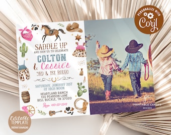 Editable Cowboy Cowgirl Birthday Invitation Blue Pink 1st Rodeo Party Invite Wild West Theme Sibling Template Printable Instant Download